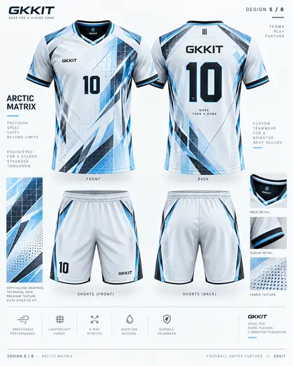 Arctic Matrix white blue custom soccer kit and football shorts by GKKIT
