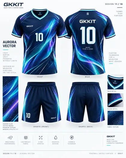 Aurora Vector navy blue purple custom soccer jersey and football shorts by GKKIT