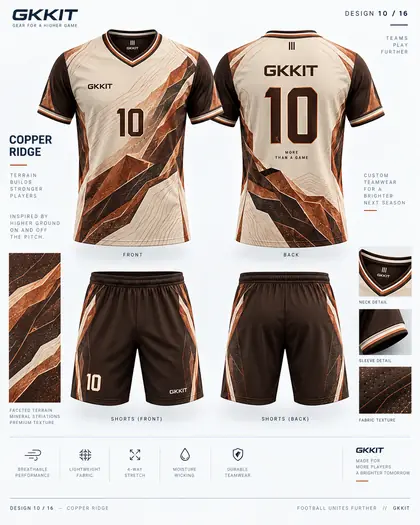 Copper Ridge brown cream custom football kit and soccer shorts by GKKIT