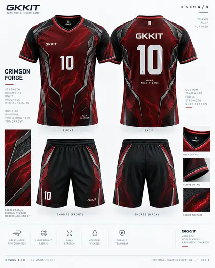 Crimson Forge red black custom football jersey and soccer shorts by GKKIT