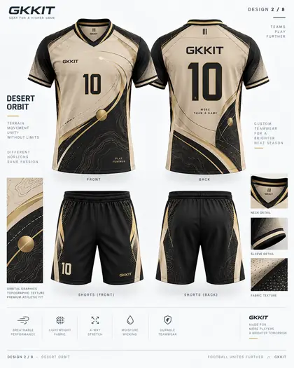 Desert Orbit sand black gold custom football kit and soccer shorts by GKKIT