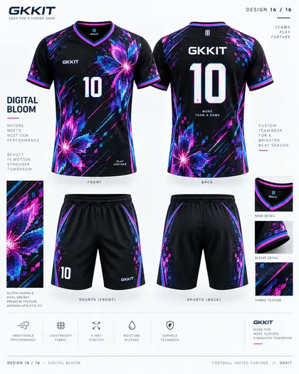Digital Bloom black pink cyan custom football kit and soccer shorts by GKKIT