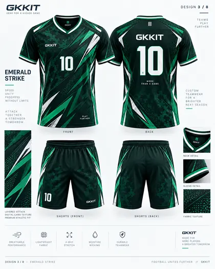 Emerald Strike green black custom soccer uniform and football shorts by GKKIT