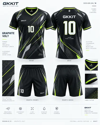 Graphite Volt black neon lime custom football kit and soccer shorts by GKKIT
