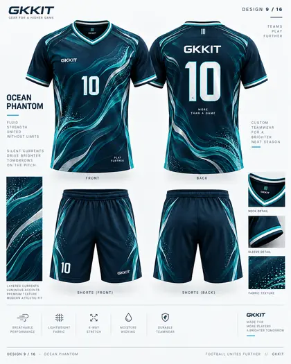 Ocean Phantom deep teal custom soccer kit and football shorts by GKKIT