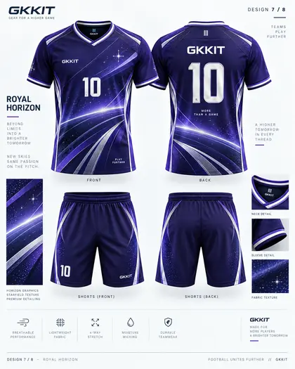 Royal Horizon purple custom soccer jersey and football shorts by GKKIT
