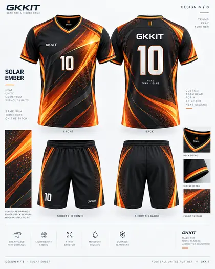 Solar Ember black orange custom football kit and soccer jersey by GKKIT
