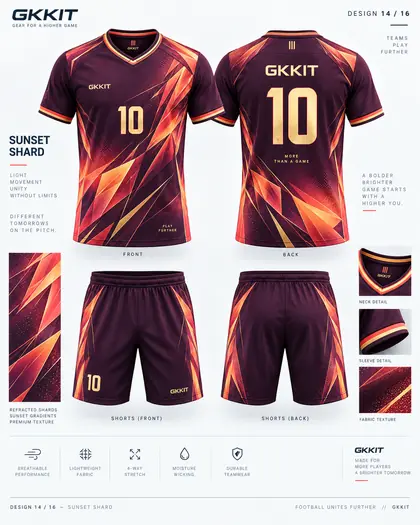 Sunset Shard maroon orange custom football kit and soccer shorts by GKKIT