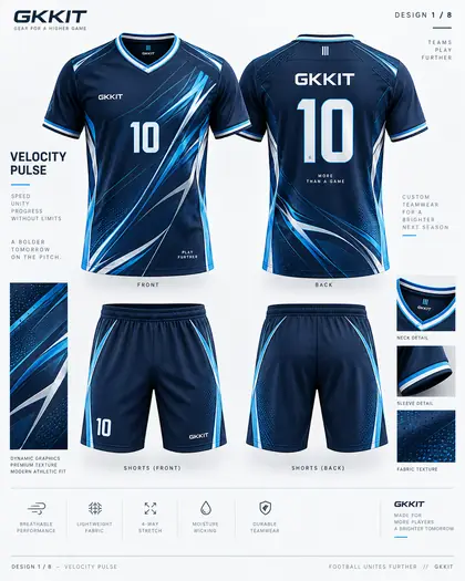 Velocity Pulse navy blue custom soccer jersey and football shorts design by GKKIT