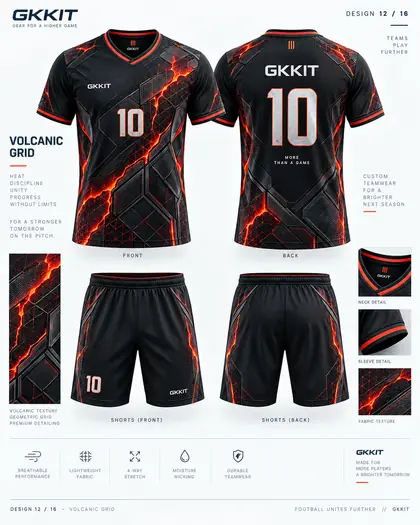 Volcanic Grid black red custom football kit and soccer shorts by GKKIT